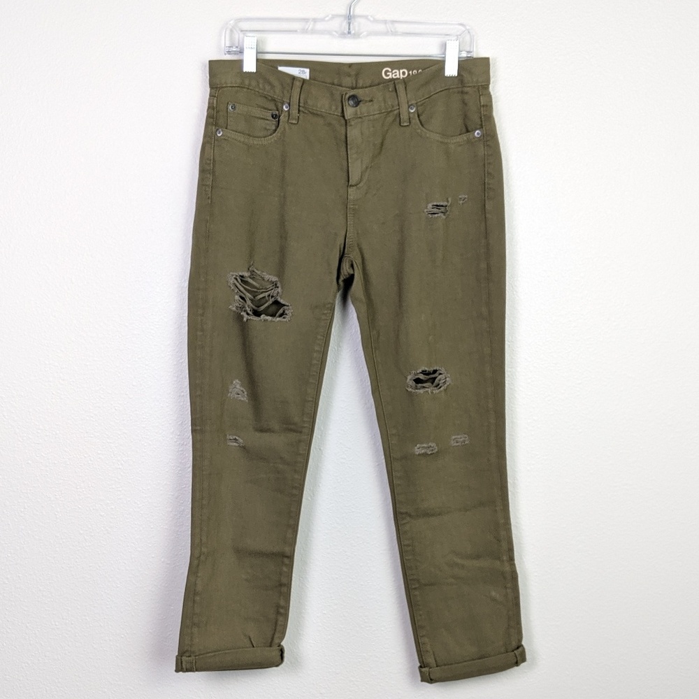 GAP Distressed Girlfriend Jeans in Olive Size 28